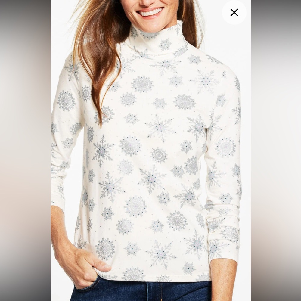 Talbots White Turtleneck Sweater with Silver Snowflake Print